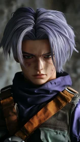 Purple haired character with harness in frontal portrait.