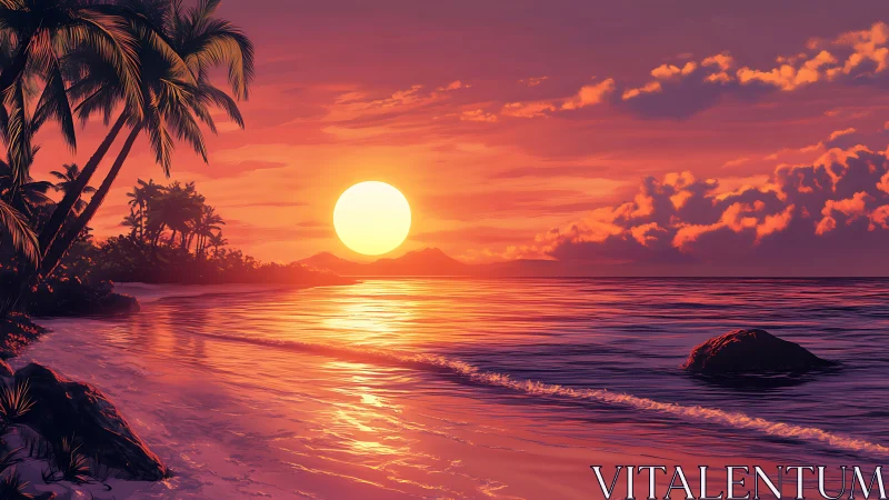 Tropical shoreline sunset with saturated reflective water gradients