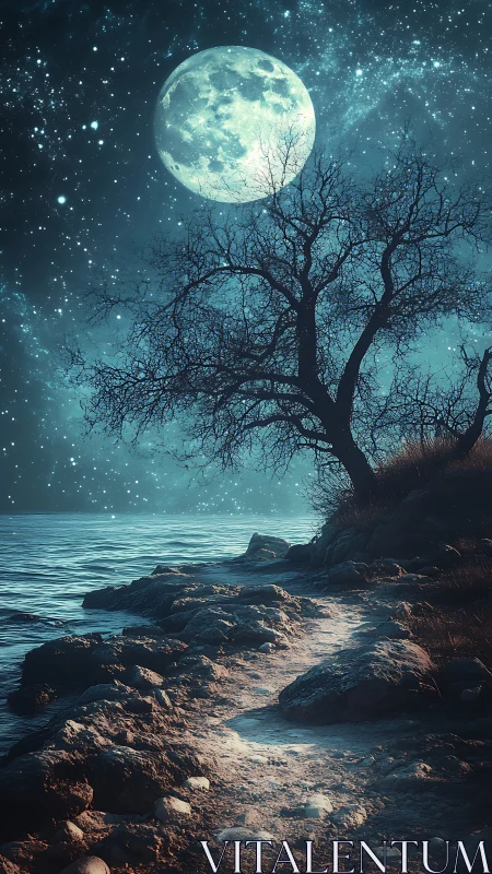 Lunar shoreline path under star-dense cyan nocturnal sky
