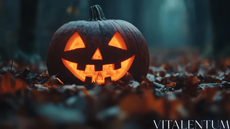 Grinning forest jack o’lantern basking in eerie emberlight.