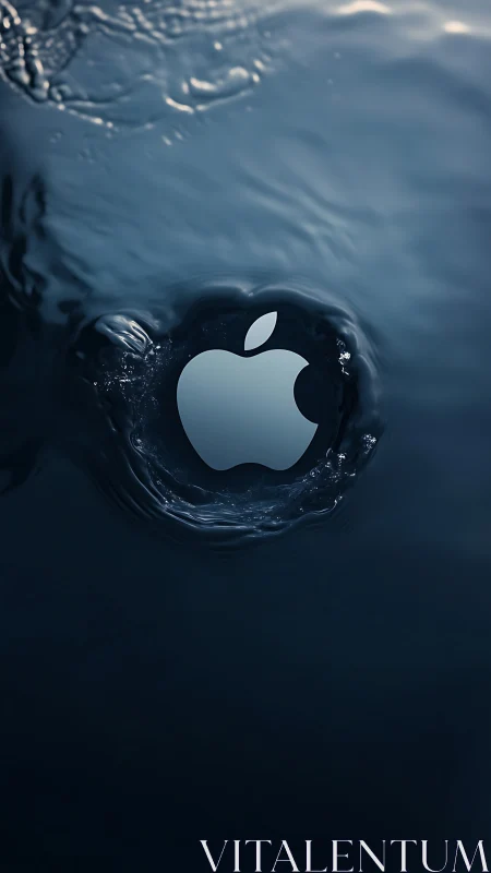 Metallic apple emblem submerged in dark liquid with radial ripples