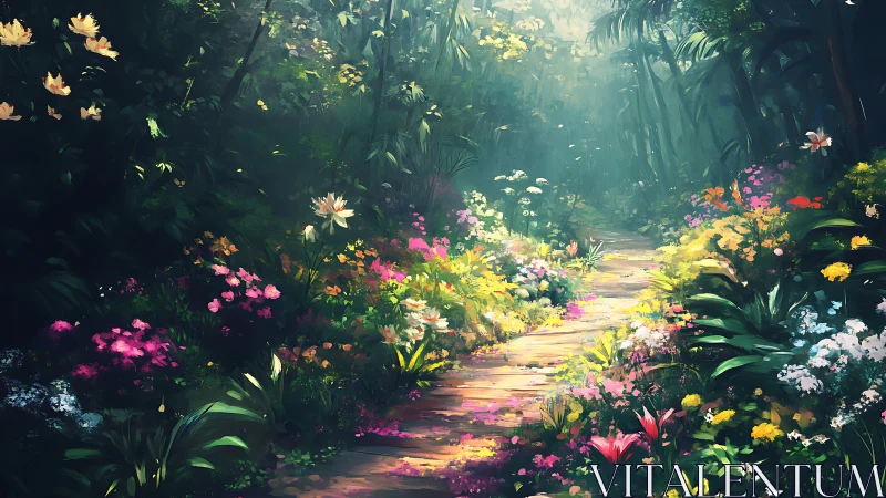 Enchanted Garden Path Through Luminous Flowers.