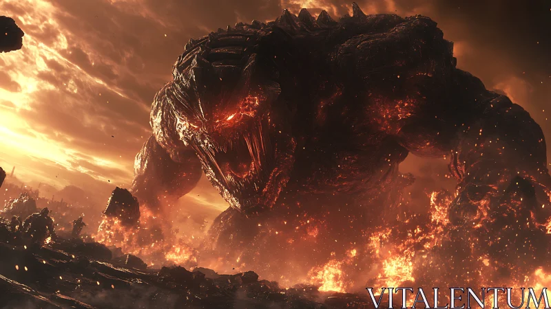 Colossal lava titan emerges over burning volcanic wasteland