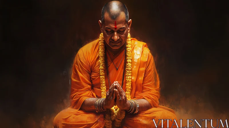 Seated monk in orange robes with folded hands in prayer.