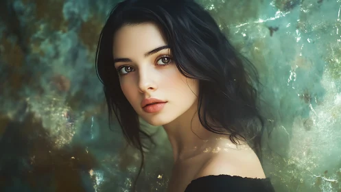 Moonlit gaze drifts above a tide of painterly teal shimmer