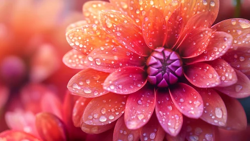 Red and Pink Dahlia with Morning Dewdrops Glistening