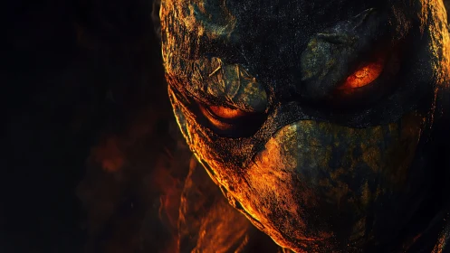 Burning masked warrior portrait in molten shadows close-up.