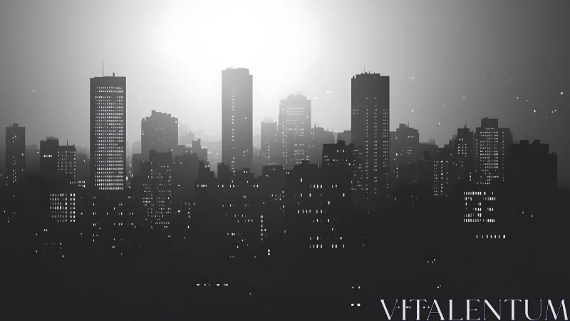 Monochrome high-rise skyline is lit by a central backlight