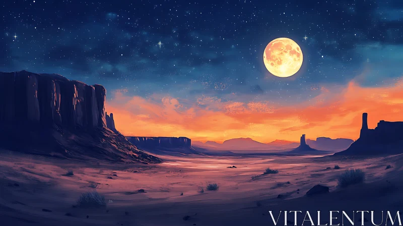 Luminous desert mesa under chromatic twilight moonrise panorama.