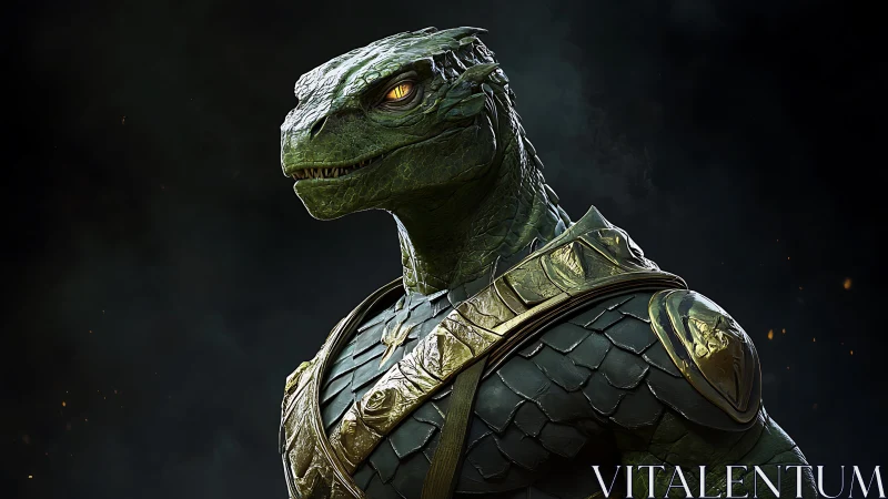 3D reptilian warrior bust with ornate scale armor rendering.