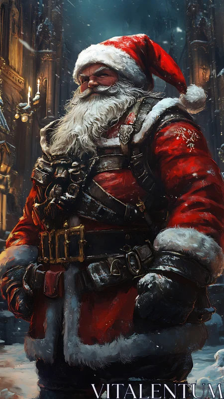 Armored warrior Santa Claus stands in snowy gothic street