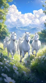 Dynamic white horses galloping through sunlit meadow with atmospheric depth