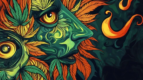 Leaf-crowned surreal face glows in swirling emerald night.
