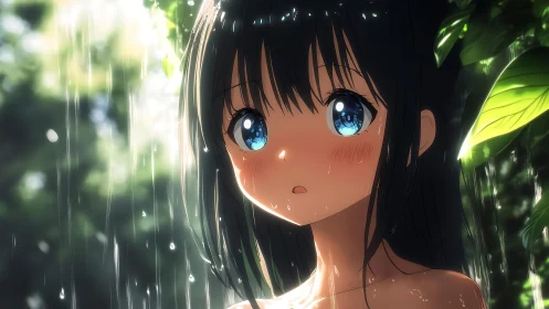 Rain-soaked anime girl rendered with luminous bokeh depth