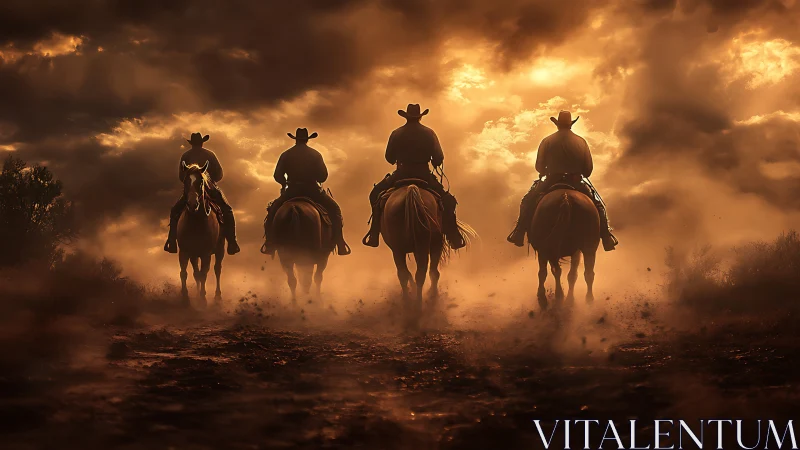 Four silhouetted riders move through dusty light at sunset