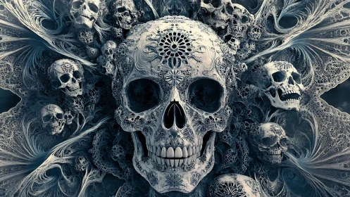 Fractal ossuary mandala with recursive cranial filigree focus.