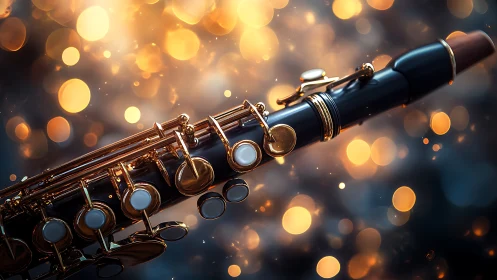 Clarinet keys glowing in a dreamy swirl of golden light.