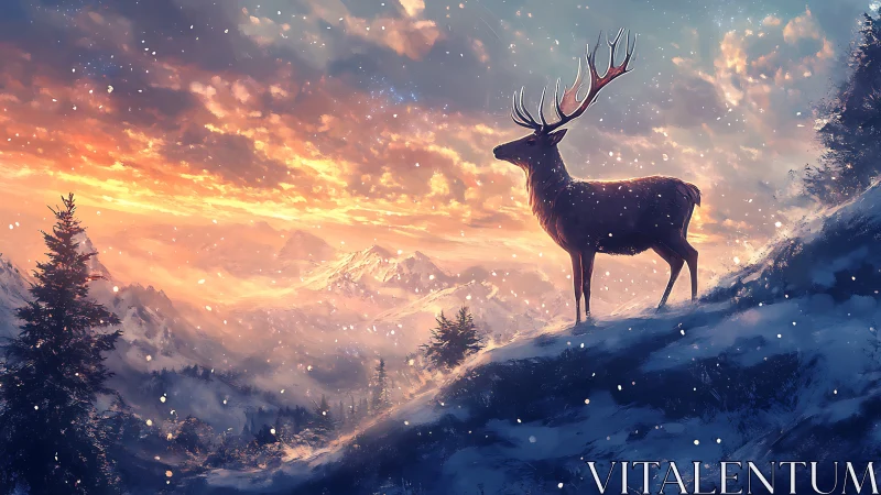 Stag standing on snowy ridge before distant mountain range.