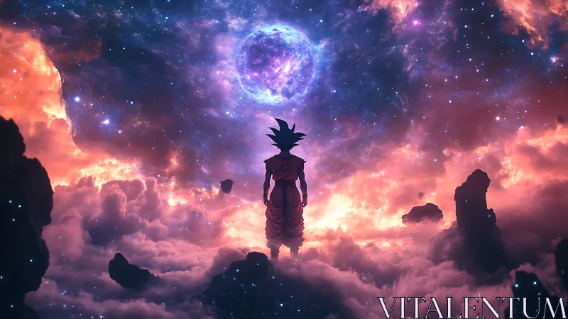 Stargazer warrior standing alone in glowing cosmic clouds.