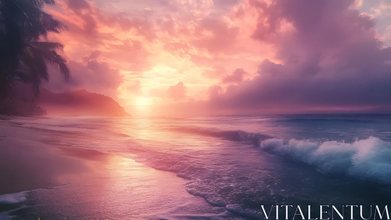 Dreamy pink sunset waves along a tranquil tropical shore.