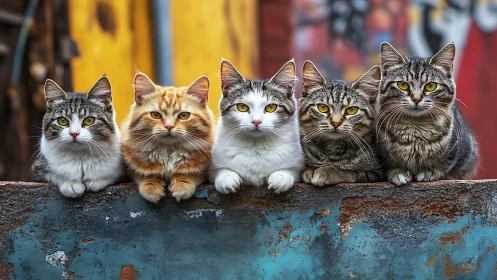 Five Cats Perched on Rustic Weathered Surface.