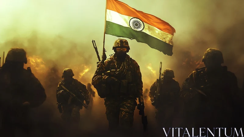 Stormlit soldiers stride forward under the soaring tricolor flag