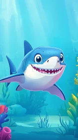 Cartoon shark rendered with smooth gradients in vibrant reef environment