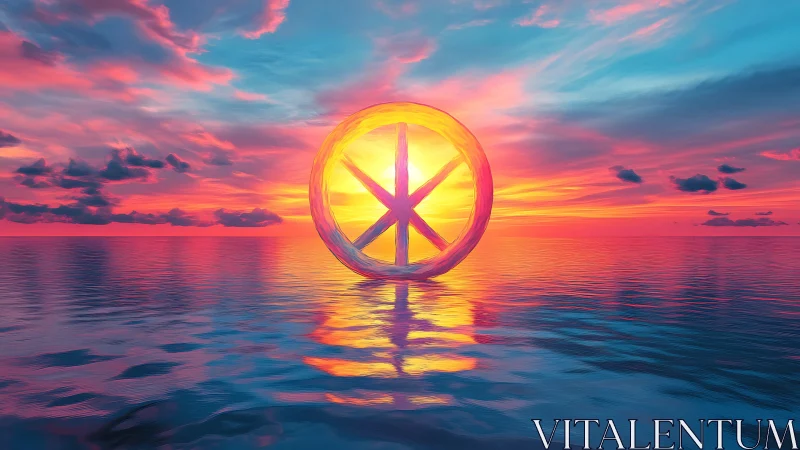 Circular translucent symbol intersects horizon over calm sea