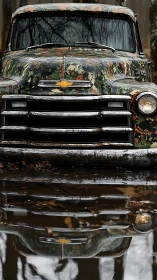 Camo-painted vintage truck broods over a silent woodland pool
