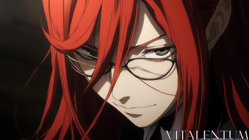Red haired anime figure in glasses with asymmetric glare lighting