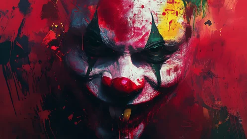 Sinister clown portrait in intense red paint textures.