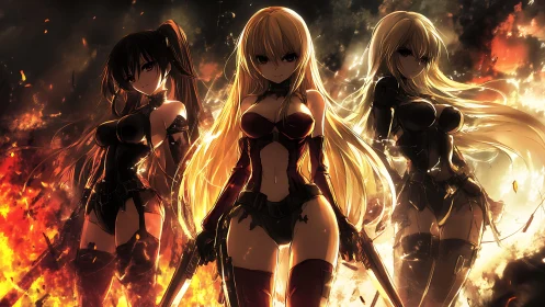 Armed anime heroines stride through blazing inferno battlefield.