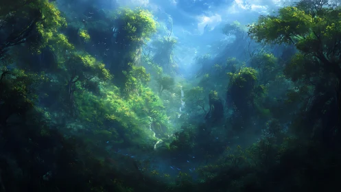 Forested canyon with light penetration and atmospheric perspective.