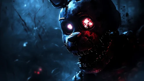 Metallic animatronic horror portrait in neon blue and red light.