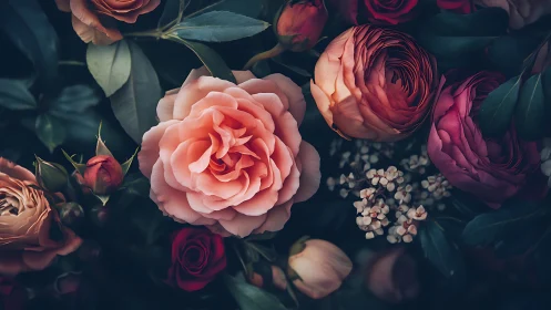 Layered Floral Arrangement with Tonal Gradient and Botanical Depth