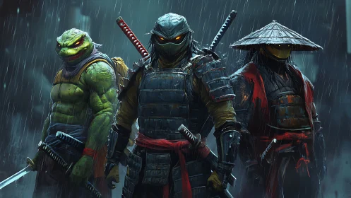 Armored reptilian ninjas in rain-soaked urban battlefield
