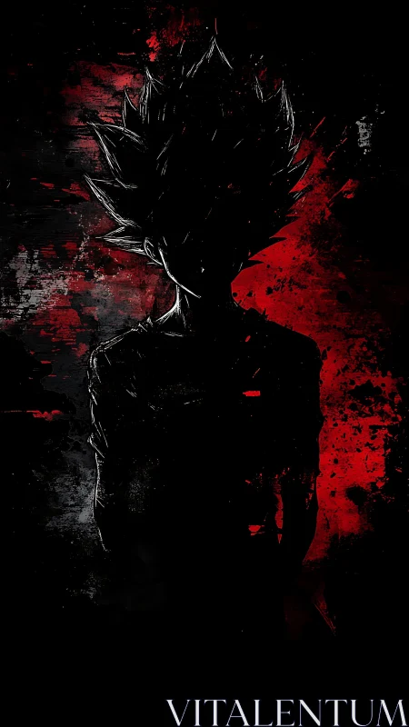 Silhouetted spiky-haired figure on red and black grunge field.