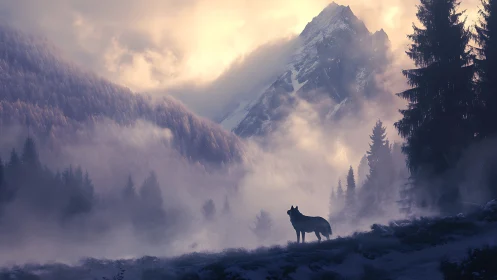 Lone twilight wolf surveying mist-drowned alpine kingdom.