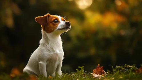 Alert puppy sits in warm autumn light, gazing upward calmly.