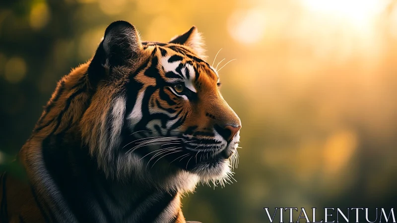 Sunlit tiger profile under shallow-depth bokeh illumination.