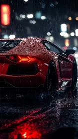 Red supercar rear in rain-soaked neon street rendered photorealistically