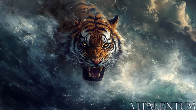 Stormborn tiger erupts from raging ocean in feral glory.