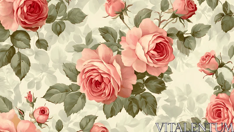 Vintage Rose Garden Floral Pattern with Pink Blooms.