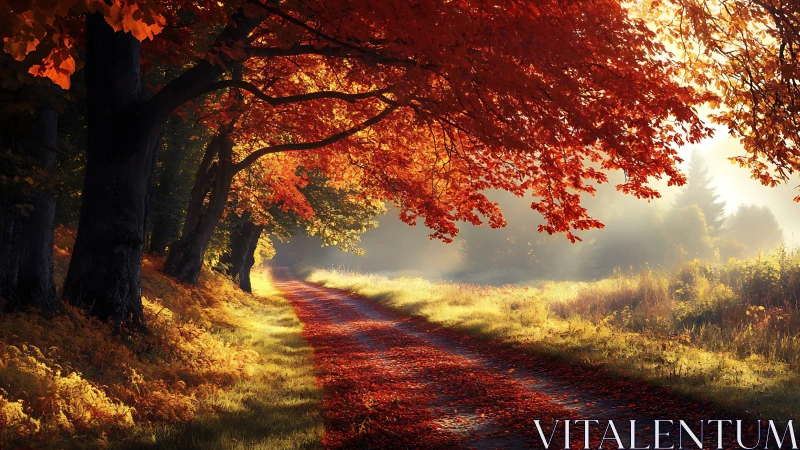 Tree-lined dirt path runs under dense red autumn foliage