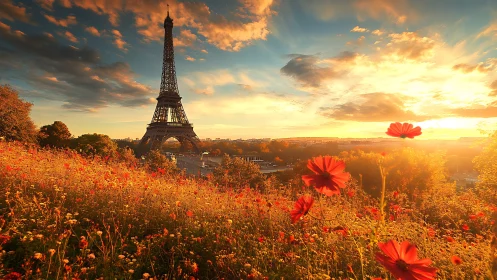 Golden Paris sunset bathes Eiffel Tower and wildflower hill.