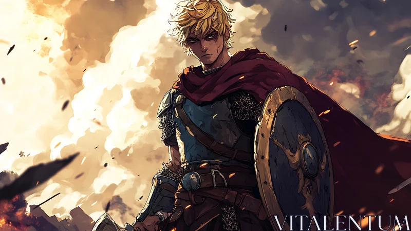 Blond warrior prince stands defiant in stormlit battlefield.