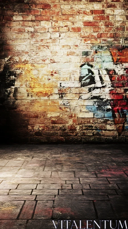 Brick wall with weathered graffiti meets worn stone floor