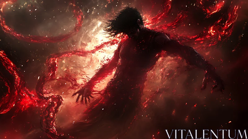 Dark figure erupts in swirling red energy within cosmic void