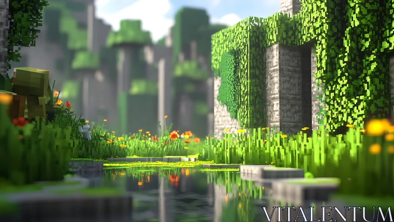 Voxel jungle ruins beside reflective stream in soft light.
