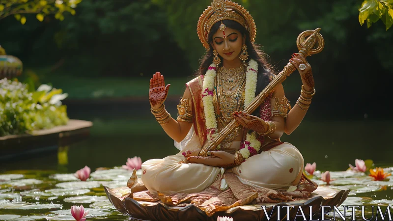 Serene goddess figure on lotus over reflective garden pool.